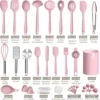 Itopfox Silicone Cooking Kitchen Utensil Set, 43 Pcs Pink Cooking Utensils With Turner, Tongs, Spoon, Spatula, Heat Resistant For Nonstick Cookware