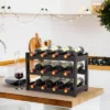 Itopfox Bamboo Wine Rack Countertop, 3-Tier 12 Bottles Wine Storage Shelf For Kitchen Pantry Cabinet - Dark Brown