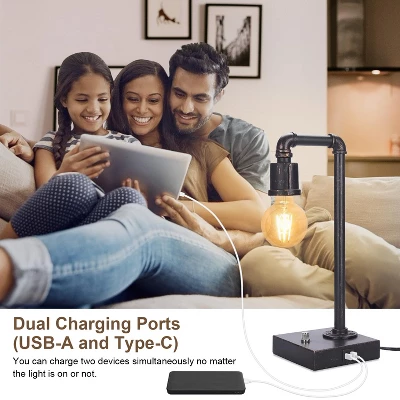 Itopfox Industrial Vintage Bedside Lamp With USB C/A Charging Ports, Dimmable Steampunk Office Lamp Metal Pipe Edison Reading Light For Bedroom, Dorm 2 Itopfox Industrial Vintage Bedside Lamp With USB C/A Charging Ports, Dimmable Steampunk Office Lamp Metal Pipe Edison Reading Light For Bedroom, Dorm - Image 2