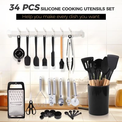 Itopfox 34-Piece Silicone Cooking Utensil Set With Wooden Handles Heat Resistant Kitchen Tools For Nonstick Cookware Includes Spatulas, Spoons, Tongs 2 Itopfox 34-Piece Silicone Cooking Utensil Set With Wooden Handles Heat Resistant Kitchen Tools For Nonstick Cookware Includes Spatulas, Spoons, Tongs - Image 2