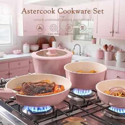 Itopfox 21-Piece Nonstick Pots And Pans Set With Removable Handles, Ceramic Cookware For RV Kitchen, Induction Compatible, Stackable Design, Pink 5 Itopfox 21-Piece Nonstick Pots And Pans Set With Removable Handles, Ceramic Cookware For RV Kitchen, Induction Compatible, Stackable Design, Pink - Image 5