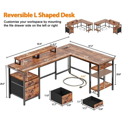 Itopfox L Shaped Desk With Power Outlet, Reversible Computer Gaming Desk With File Drawer & 2 Monitor Stands For Home Office With Storage Shelves 2 Itopfox L Shaped Desk With Power Outlet, Reversible Computer Gaming Desk With File Drawer & 2 Monitor Stands For Home Office With Storage Shelves - Image 2
