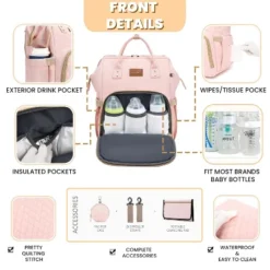 Itopfox Pink Diaper Backpack For Baby Girls - Baby Shower Gifts, Quilted With Changing Pad, Pacifier Case, Insulated Pockets 35L Large Capacity -Kid's Home GUEST 0a3a9b31 f465 4ef8 952a 848a945dcf6a