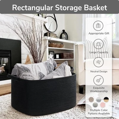 Itopfox Large Woven Storage Basket For Blankets, Toys, And Clothes, Rectangle Rope Laundry Hamper For Nursery, Bedroom, Black 6 Itopfox Large Woven Storage Basket For Blankets, Toys, And Clothes, Rectangle Rope Laundry Hamper For Nursery, Bedroom, Black - Image 6
