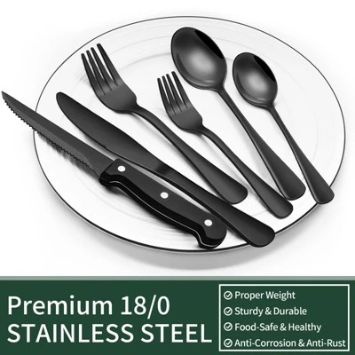 Itopfox 24-Piece Black Silverware Set With Steak Knives, Flatware Set For 4, Food-Grade Stainless Steel Tableware Cutlery Set Mirror Finished Utensil 4 Itopfox 24-Piece Black Silverware Set With Steak Knives, Flatware Set For 4, Food-Grade Stainless Steel Tableware Cutlery Set Mirror Finished Utensil - Image 4