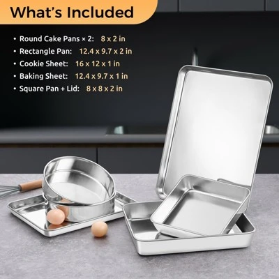Itopfox Stainless Steel Baking Pan Set, 6-Piece Metal Bakeware Includes Cookie Sheet, Round Square Cake Pans, Non-Toxic & Dishwasher Safe 1 Itopfox Stainless Steel Baking Pan Set, 6-Piece Metal Bakeware Includes Cookie Sheet, Round Square Cake Pans, Non-Toxic & Dishwasher Safe