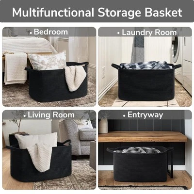 Itopfox Large Woven Storage Basket For Blankets, Toys, And Clothes, Rectangle Rope Laundry Hamper For Nursery, Bedroom, Black 3 Itopfox Large Woven Storage Basket For Blankets, Toys, And Clothes, Rectangle Rope Laundry Hamper For Nursery, Bedroom, Black - Image 3