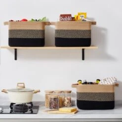 Itopfox Woven Storage Basket Set Of 3, Decorative Organizer Bins For Shelves, Closet, Toys, Books, Nursery - Black & Brown -Kid's Home GUEST 17dae030 aedc 4d7b b834 098467df5196