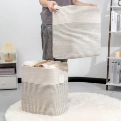 Itopfox Fabric Cotton Rope Storage Basket With Handles, Decorative Woven Basket For Living Room, Closet Organizer For Blankets, Toys, Laundry