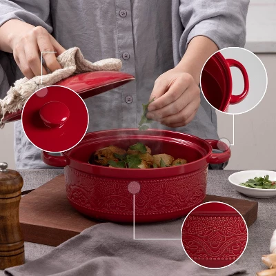 Itopfox Lace Emboss Casserole Dish With Lid, 2 Quart Ceramic Round Serving Dish For Oven To Table, Dinner And Party, Christmas Gifts In Classic Red 2 Itopfox Lace Emboss Casserole Dish With Lid, 2 Quart Ceramic Round Serving Dish For Oven To Table, Dinner And Party, Christmas Gifts In Classic Red - Image 2