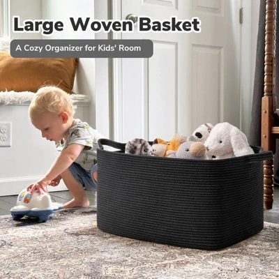 Itopfox Large Woven Storage Basket For Blankets, Toys, And Clothes, Rectangle Rope Laundry Hamper For Nursery, Bedroom, Black 1 Itopfox Large Woven Storage Basket For Blankets, Toys, And Clothes, Rectangle Rope Laundry Hamper For Nursery, Bedroom, Black