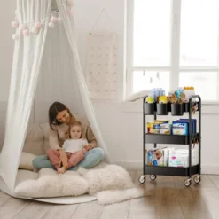 Itopfox 3-Tier Metal Rolling Cart With Wheels, Hanging Cups & Hooks, Heavy Duty Mesh Storage Organizer For Kitchen, Office, Craft -Kid's Home GUEST 1d9377eb 94b5 45e6 b960 b714ecd5f119