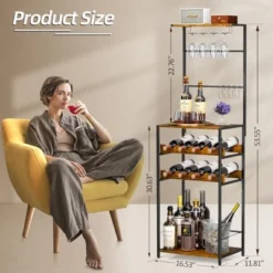Itopfox 5-Tier Freestanding Wine Rack With Glasses Holder And 4 S Hooks, Corner Mini Bar Cabinet For Small Spaces, Holds 8 Bottles