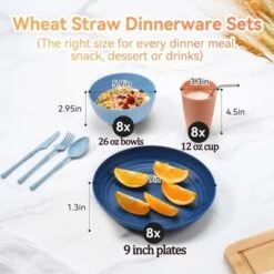 Itopfox 56-Piece Black Wheat Straw Dinnerware Set, Unbreakable Plates, Bowls, Cups & Utensils, Microwave & Dishwasher Safe, Reusable For Home, Office