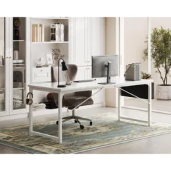 Itopfox Modern Computer Desk With Storage & Headphone Hook, Large Office Gaming Work Table, Splice Board Design, White Finish
