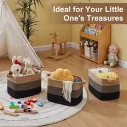 Itopfox Woven Storage Basket Set Of 3, Decorative Organizer Bins For Shelves, Closet, Toys, Books, Nursery - Black & Brown -Kid's Home GUEST 29304bdb 9a2f 4247 8255 3b155d17c1db