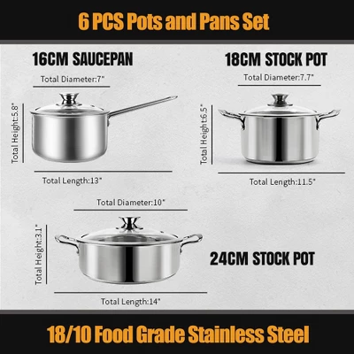 Itopfox Stainless Steel Cookware Set, 6-Piece Nonstick Induction Pots & Pans Set, Works With Gas/Electric Cooktops, Dishwasher Safe 2 Itopfox Stainless Steel Cookware Set, 6-Piece Nonstick Induction Pots & Pans Set, Works With Gas/Electric Cooktops, Dishwasher Safe - Image 2