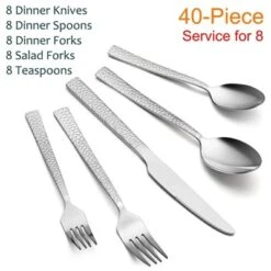 Itopfox Hammered Silverware Set, 40-Piece Stainless Steel Flatware For 8, Includes Dinner Knives, Forks, Spoons, Modern Design, Mirror Polish
