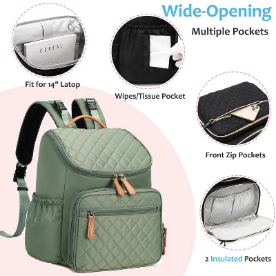 Itopfox Large Capacity Water-Resistant Diaper Backpack With Insulated Pockets, Stroller Buckle, Anti-Theft Design, Green Nylon 5 Itopfox Large Capacity Water-Resistant Diaper Backpack With Insulated Pockets, Stroller Buckle, Anti-Theft Design, Green Nylon - Image 5