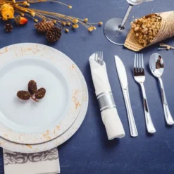 Itopfox 50 Pack Pre Rolled Silver Plastic Cutlery Set With Forks, Knives, Spoons & Napkins, Disposable For Party, Wedding & Events -Kid's Home GUEST 349bab0f cab5 43c0 a764 88c96395f795