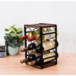 Itopfox Rustic Wood Countertop Wine Rack For 6 Bottles, No Assembly Required, Elegant Brown Finish For Kitchen Or Bar Display