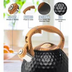 Itopfox Stainless Steel Whistling Tea Kettle With Wood Handle For Stovetop, 3.2 Qt Capacity, Suitable For Gas & Electric Cooktops, Black