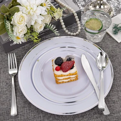 Itopfox Elegant Silver Plastic Dinnerware Set - Disposable Plates, Dessert Plates, Silver Rim Cups & Cutlery For Weddings, Parties - 50 Guest Service 5 Itopfox Elegant Silver Plastic Dinnerware Set - Disposable Plates, Dessert Plates, Silver Rim Cups & Cutlery For Weddings, Parties - 50 Guest Service - Image 5