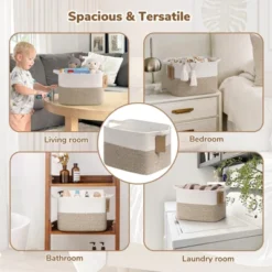 Itopfox Woven Storage Basket With Handles, Cotton Rope Organizer For Dog Toys, Books, And Home Decor, Stylish Gift Basket In Neutral Brown And White -Kid's Home GUEST 39cac653 3b24 4637 8def cd03a786a2ff