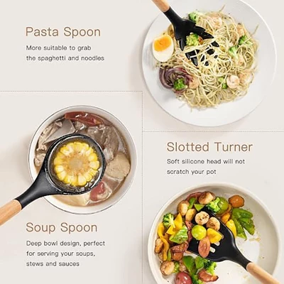 Itopfox 39-Piece Silicone Cooking Utensil Set With Wooden Handle, Heat Resistant Up To 446°F, BPA-Free Kitchen Gadgets For Nonstick Cookware (Black) 4 Itopfox 39-Piece Silicone Cooking Utensil Set With Wooden Handle, Heat Resistant Up To 446°F, BPA-Free Kitchen Gadgets For Nonstick Cookware (Black) - Image 4