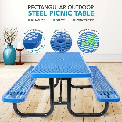 Itopfox 6 Ft. Outdoor Steel Picnic Table With Umbrella Hole, Heavy-Duty Weatherproof Dining Table For Patio, Backyard, Rust-Resistant Blue Finish 6 Itopfox 6 Ft. Outdoor Steel Picnic Table With Umbrella Hole, Heavy-Duty Weatherproof Dining Table For Patio, Backyard, Rust-Resistant Blue Finish - Image 6