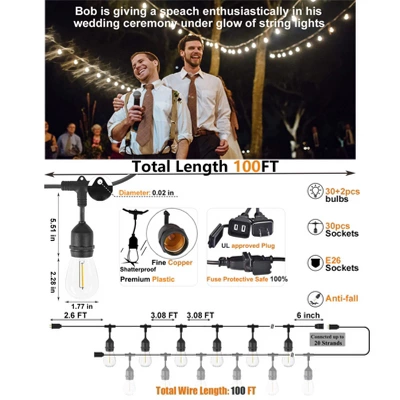 Itopfox Outdoor LED String Lights 100FT Heavy-Duty Patio Lights With 32 Dimmable Shatterproof Bulbs For Gazebo Pergola Bistro 1 Itopfox Outdoor LED String Lights 100FT Heavy-Duty Patio Lights With 32 Dimmable Shatterproof Bulbs For Gazebo Pergola Bistro