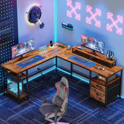 Itopfox L Shaped Desk With Power Outlet, Reversible Computer Gaming Desk With File Drawer & 2 Monitor Stands For Home Office With Storage Shelves 1 Itopfox L Shaped Desk With Power Outlet, Reversible Computer Gaming Desk With File Drawer & 2 Monitor Stands For Home Office With Storage Shelves