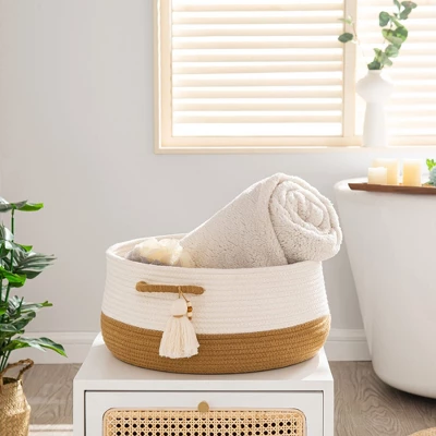 Itopfox Woven Storage Basket For Blankets, Toys, And Laundry - Collapsible Cotton Rope Hamper For Living Room, Nursery, And Home Organization (Brown) 3 Itopfox Woven Storage Basket For Blankets, Toys, And Laundry - Collapsible Cotton Rope Hamper For Living Room, Nursery, And Home Organization (Brown) - Image 3