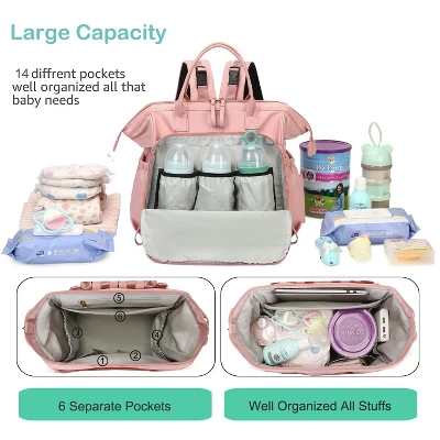 Itopfox Convertible Diaper Bag Tote With 14 Pockets, Water-resistant Nylon, Stroller Buckle, Wide Open Top (Pink, Large) 1 Itopfox Convertible Diaper Bag Tote With 14 Pockets, Water-resistant Nylon, Stroller Buckle, Wide Open Top (Pink, Large)