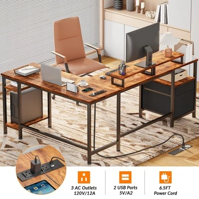 Itopfox L Shaped Desk With Power Outlet, Reversible Computer Gaming Desk With File Drawer & 2 Monitor Stands For Home Office With Storage Shelves 4 Itopfox L Shaped Desk With Power Outlet, Reversible Computer Gaming Desk With File Drawer & 2 Monitor Stands For Home Office With Storage Shelves - Image 4