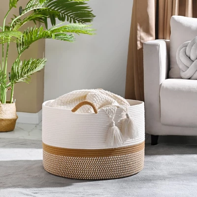 Itopfox Large Woven Storage Basket For Blankets, Laundry, Nursery, And Toys, Soft Cotton Rope Hamper For Living Room, Baby Toy Chest In White/Brown 1 Itopfox Large Woven Storage Basket For Blankets, Laundry, Nursery, And Toys, Soft Cotton Rope Hamper For Living Room, Baby Toy Chest In White/Brown