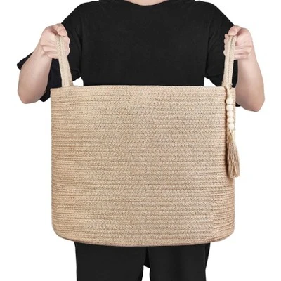 Itopfox Woven Storage Basket With Wooden Bead Decoration, Natural Rope Basket For Toys, Clothes, Shoes, Plant Organizer Bin With Handles, Home Decor 5 Itopfox Woven Storage Basket With Wooden Bead Decoration, Natural Rope Basket For Toys, Clothes, Shoes, Plant Organizer Bin With Handles, Home Decor - Image 5