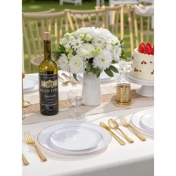 Itopfox 300PCS White And Gold Plastic Dinnerware Set For 50 Guests Includes Dinner Plates, Cake Plates, Cutlery, Cups For Wedding, Birthday -Kid's Home GUEST 47509ccb cb44 4fde 8abe 7b6bde01be81