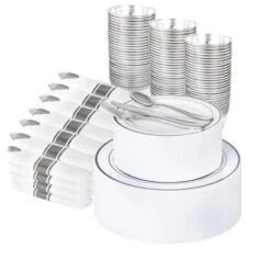 Itopfox Elegant Silver Plastic Dinnerware Set - Disposable Plates, Dessert Plates, Silver Rim Cups & Cutlery For Weddings, Parties - 50 Guest Service 11 Itopfox Elegant Silver Plastic Dinnerware Set - Disposable Plates, Dessert Plates, Silver Rim Cups & Cutlery For Weddings, Parties - 50 Guest Service -Kid's Home GUEST 4b7145be b637 4929 9772 97c7a4a30aa7
