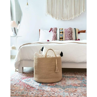 Itopfox Woven Storage Basket With Wooden Bead Decoration, Natural Rope Basket For Toys, Clothes, Shoes, Plant Organizer Bin With Handles, Home Decor 3 Itopfox Woven Storage Basket With Wooden Bead Decoration, Natural Rope Basket For Toys, Clothes, Shoes, Plant Organizer Bin With Handles, Home Decor - Image 3