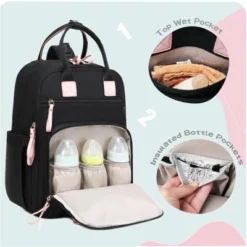 Itopfox Large Diaper Backpack With 18 Pockets, Water-Resistant Nylon, Insulated Bottle Holders, Stroller Straps (Black) -Kid's Home GUEST 4e6c2d30 911f 44ea 9c14 a83c456ffc88