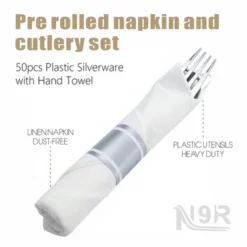 Itopfox 50 Pack Pre Rolled Silver Plastic Cutlery Set With Forks, Knives, Spoons & Napkins, Disposable For Party, Wedding & Events -Kid's Home GUEST 52a030e8 33be 43b0 9d8c b7bcb433a36b