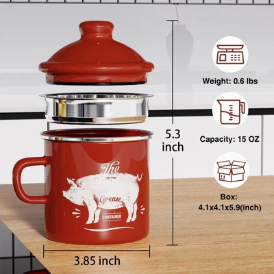 Itopfox Mini Bacon Grease Container With Strainer - Enamel Grease Saver, Farmhouse Bacon Grease Keeper For Kitchen Fat Storage, Dishwasher Safe 1 Itopfox Mini Bacon Grease Container With Strainer - Enamel Grease Saver, Farmhouse Bacon Grease Keeper For Kitchen Fat Storage, Dishwasher Safe