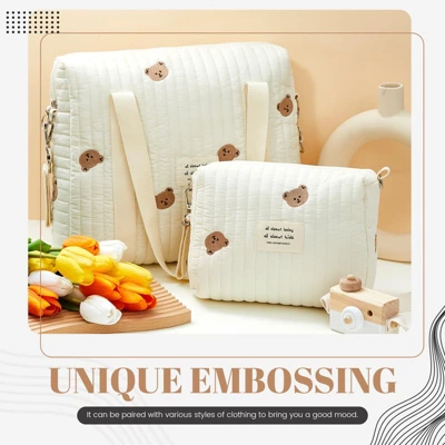 Itopfox 2-Piece Diaper Bag Set For Women, Quilted Cotton Maternity Tote With Cute Bear Design, Multifunctional And Lightweight 4 Itopfox 2-Piece Diaper Bag Set For Women, Quilted Cotton Maternity Tote With Cute Bear Design, Multifunctional And Lightweight - Image 4