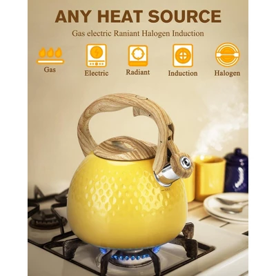 Itopfox Stovetop Teapot With Loud Whistle, Food Grade Stainless Steel And Smooth Wood Handle, Elegant Yellow Design For Tea, Coffee, Hiking, Picnic 2 Itopfox Stovetop Teapot With Loud Whistle, Food Grade Stainless Steel And Smooth Wood Handle, Elegant Yellow Design For Tea, Coffee, Hiking, Picnic - Image 2