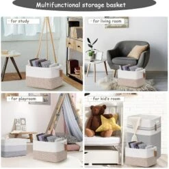 Itopfox Cotton Rope Woven Storage Basket With Handles For Organizing Toys, Books, And Clothes - Decorative Soft Basket For Living Room, Bathroom