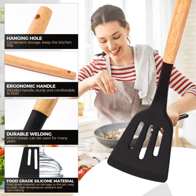 Itopfox 34-Piece Silicone Cooking Utensil Set With Wooden Handles Heat Resistant Kitchen Tools For Nonstick Cookware Includes Spatulas, Spoons, Tongs 4 Itopfox 34-Piece Silicone Cooking Utensil Set With Wooden Handles Heat Resistant Kitchen Tools For Nonstick Cookware Includes Spatulas, Spoons, Tongs - Image 4