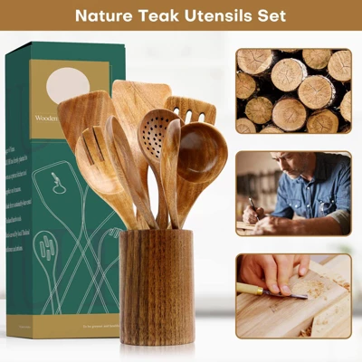 Itopfox 10-Piece Wooden Kitchen Utensil Set - Teak Wood Spoons, Spatulas, Ladle For Non-Stick Cookware, Cooking Tools With Hanging Holes 1 Itopfox 10-Piece Wooden Kitchen Utensil Set - Teak Wood Spoons, Spatulas, Ladle For Non-Stick Cookware, Cooking Tools With Hanging Holes