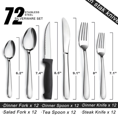 Itopfox 72-Piece Silverware Set For 12 With Steak Knives, Stainless Steel Cutlery Set Includes Forks, Spoons, Dishwasher Safe For Home & Restaurant 1 Itopfox 72-Piece Silverware Set For 12 With Steak Knives, Stainless Steel Cutlery Set Includes Forks, Spoons, Dishwasher Safe For Home & Restaurant
