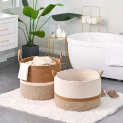 Itopfox Large Woven Storage Basket For Blankets, Laundry, Nursery, And Toys, Soft Cotton Rope Hamper For Living Room, Baby Toy Chest In White/Brown 10 Itopfox Large Woven Storage Basket For Blankets, Laundry, Nursery, And Toys, Soft Cotton Rope Hamper For Living Room, Baby Toy Chest In White/Brown -Kid's Home GUEST 65c1121e 4373 4a75 9f90 2866d4534569